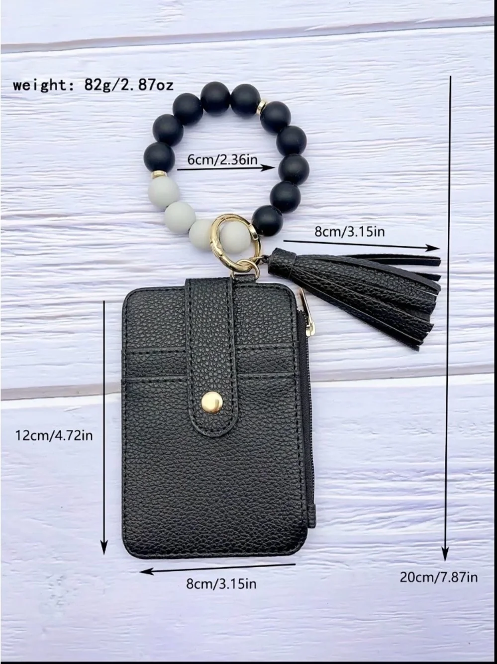 Black Wristlet Card Holder Keychain with Matte Black & White Bead Bracelet